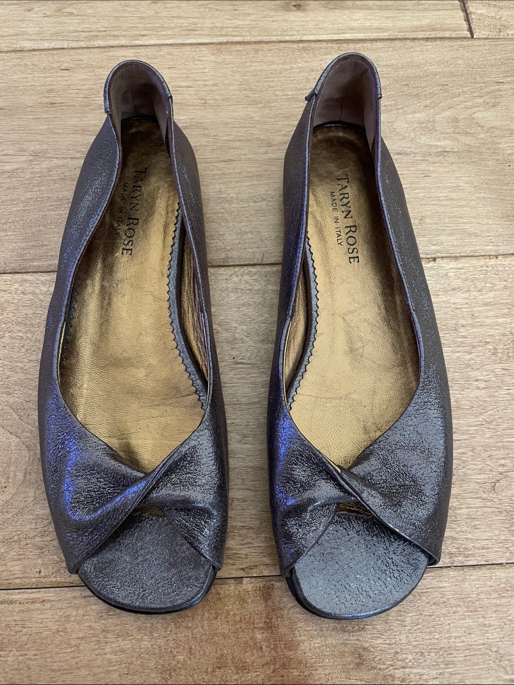 Taryn Rose Metallic Pewter Open-Toe Ballet Flats